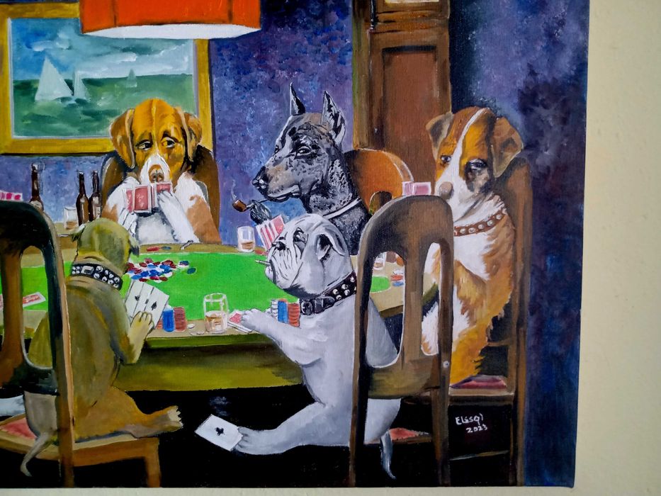 "Trisorii jucand poker", pictura manuala in ulei pe panza