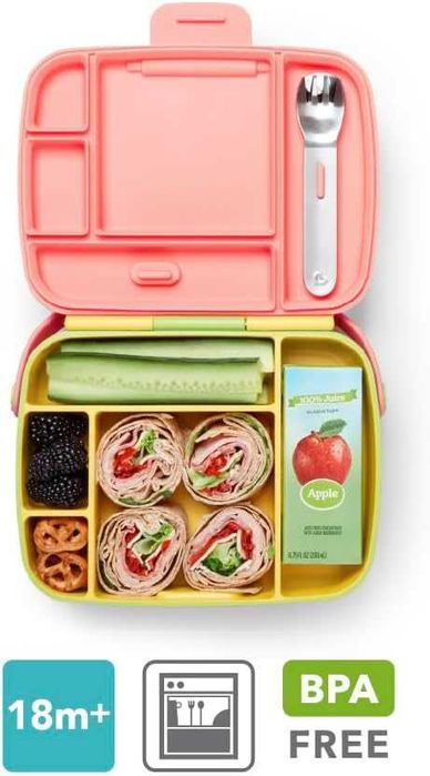 MUNCHKIN Bento Lunch Box – Детска кутия за храна с 5 отделения и прибори, жълта, 18+ месеца