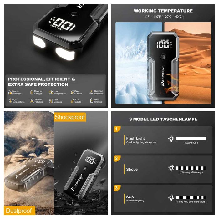 Авариен стартер за акумулатор за автомобили Popdeer 3000А 23800mAh НОВ