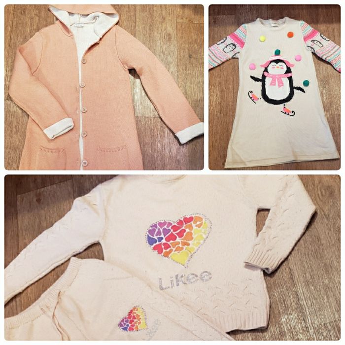 Пакетом: тёплый кардиган, платье и костюм на 9-10лет