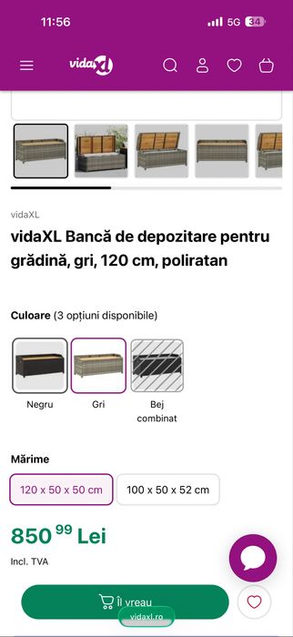 Bancă  depozitare VidaXL pentru grădină/balcon/terasa, gri, 120 cm x 50cm x 50cm, poliratan