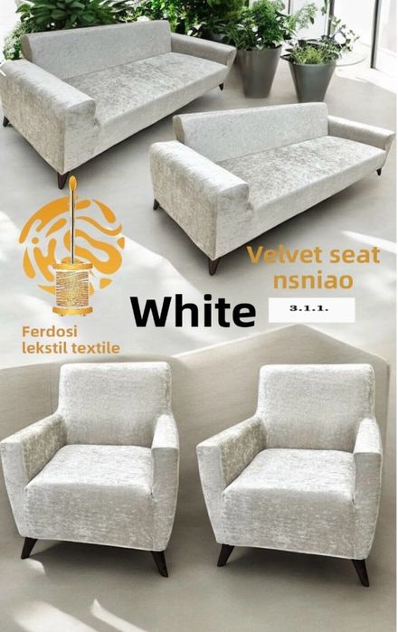 Set 3 huse canapea si fotolii din catifea /Alb / 3,1,1