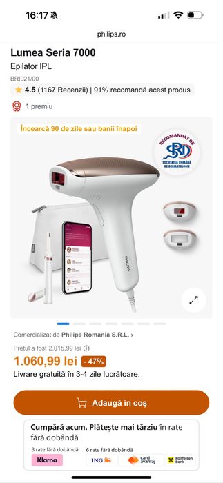 Aparat de epilat -Philips Lumea 7000 IPL, NOU.