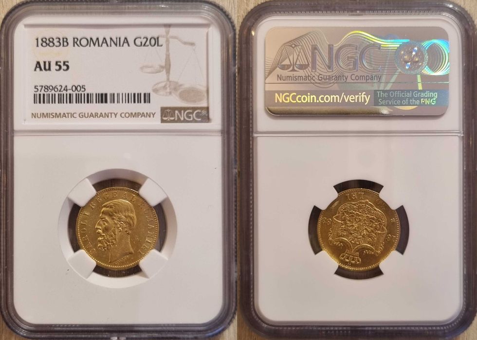 Moneda aur 20 Lei 1883, Carol I, gradata NGC AU 55
