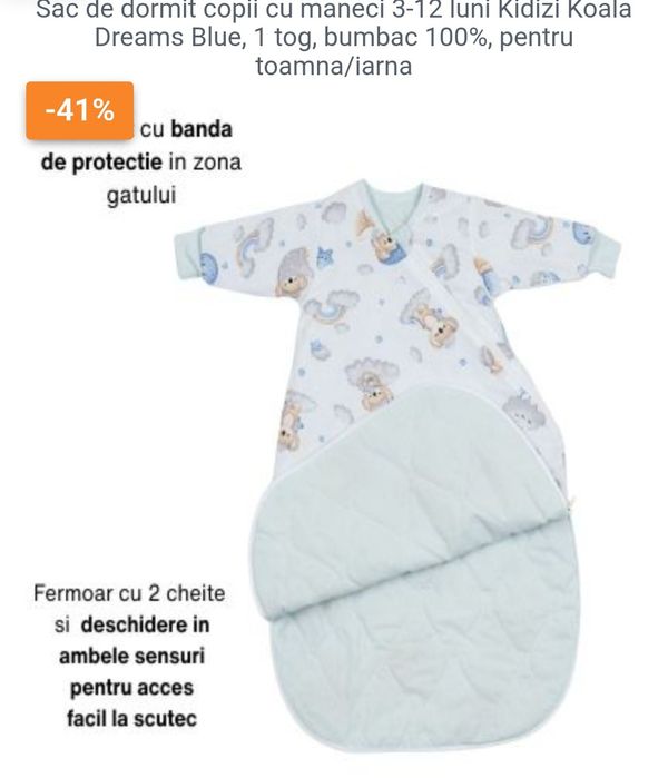 Sac de dormit 1 TOG, Bumbac 100%