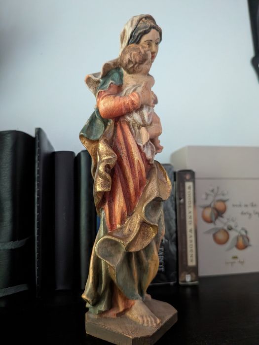 Statuetă Lemn sculptată și pictată manual, Fecioara Maria și Pruncul Iisus