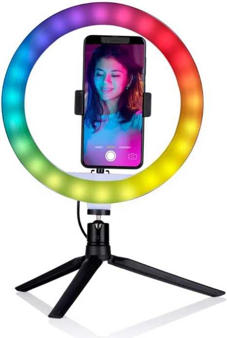 Lampă selfie diametru 26 cm multicolora pentru telefon cu trepied