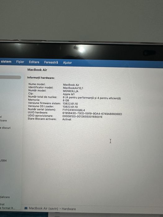 MacBook Air 13″ 2020 M1 8GB/256GB – stare foarte bună, negociabil