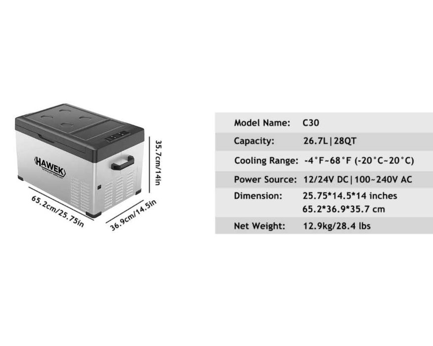 Портативен компресорен хладилник HAWEK C30 30L – 12V/24V/220V с охлаждане и замразяване