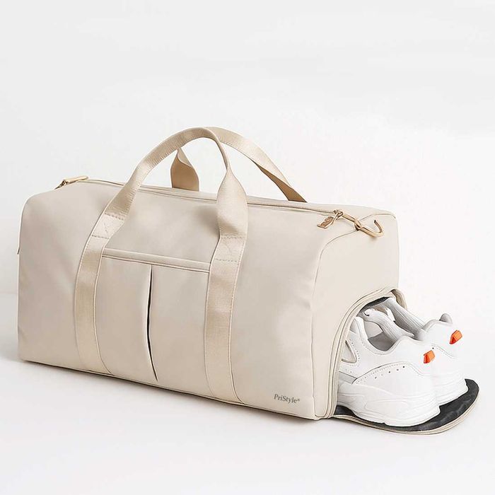 Geanta Sport, Buzunar Separat Impermeabil si Compartiment pentru Incaltaminte, 26cm x 47cm x 23cm, Neagra/Bej/Verde inchis, PriStyle®