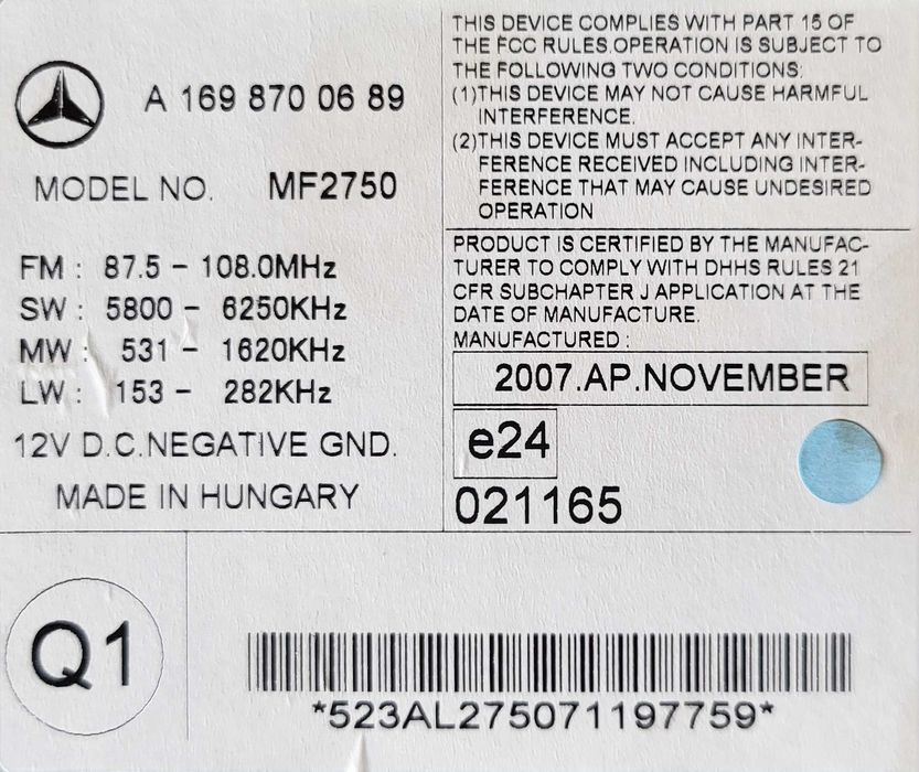 CD Radio Car Stereo Mercedes-Benz B-Class (W245)