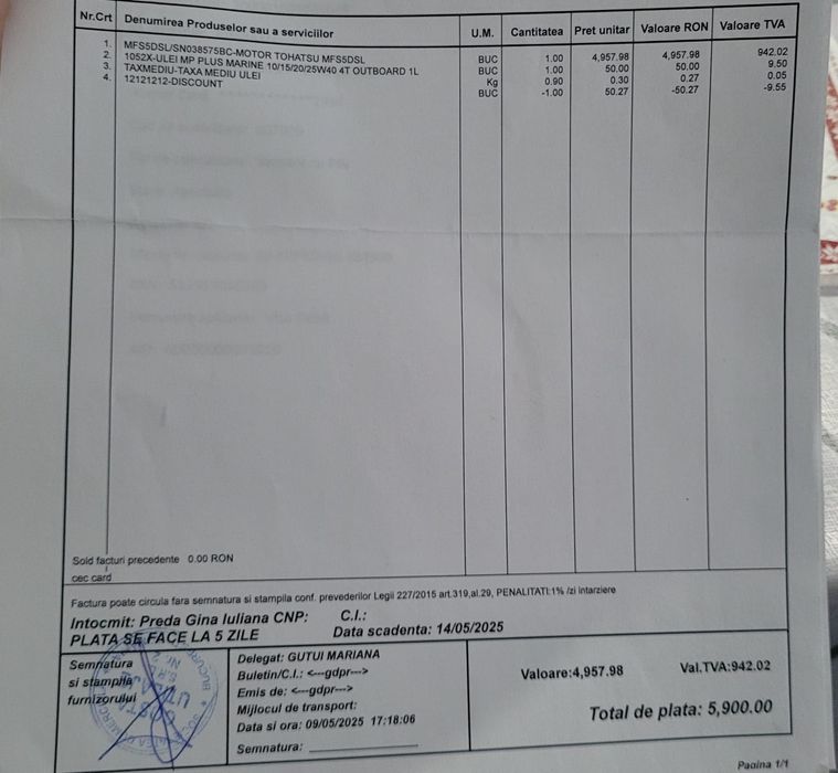 Motor barcă Tohatsu 5cp 4 timpi