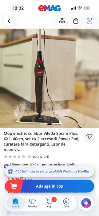 Mop cu aburi Vileda Steam Plus XXL cu power pad si doua lavete, rezervor 0,4l