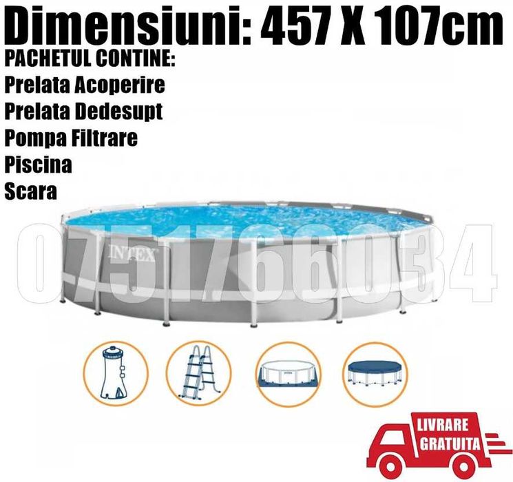 Piscina Familie Relaxare Rotunda Cadru Metal Intex 457 x 107cm Pachet Complet Scara + Prelata Acoperire + Prelata Dedesupt + Pompa Filtrare AR