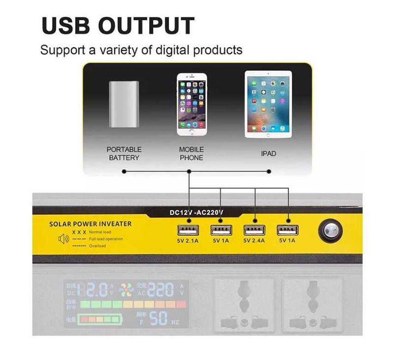 Инвертор преобразувател на напрежение с дисплей от 12V на 220V 1000W