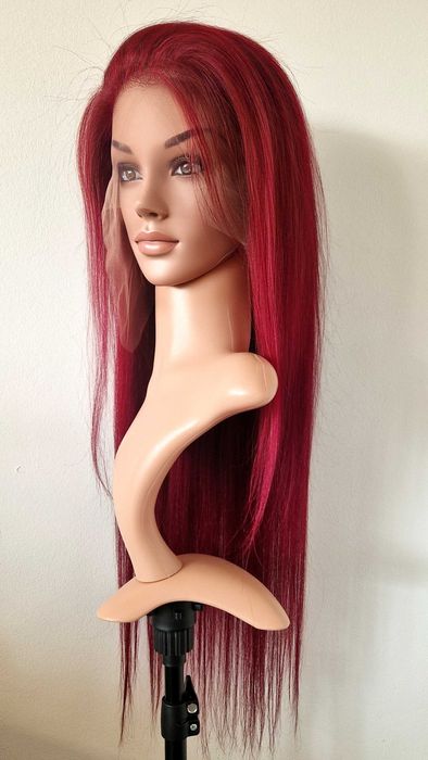 Естествена бордо тъмно червена дантелена перука 80 см - 13x6 Lace