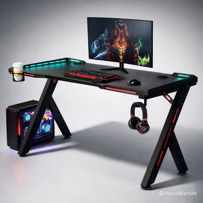 Игровой компьютерный стол с LED подсветкой и держателем для наушников