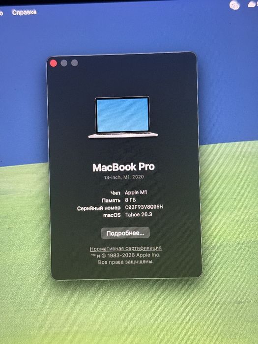 Macbook pro M1
Xotira:8/512 
Batareka:87% 332 sikl
Touch ID ishlidi 
Z