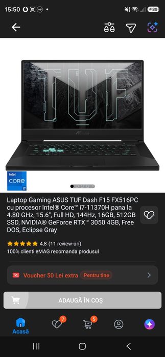 Laptop ASUS TUF Dash F15,Cooler extern Rampage si mouse Logitech G305