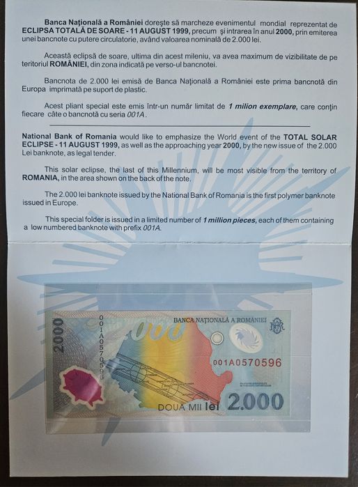 Doua (2) bancnote de colectie de 2000 lei cu Eclipsa totala de Soare d
