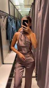 Сатенени разкроени панталони Zara размер L