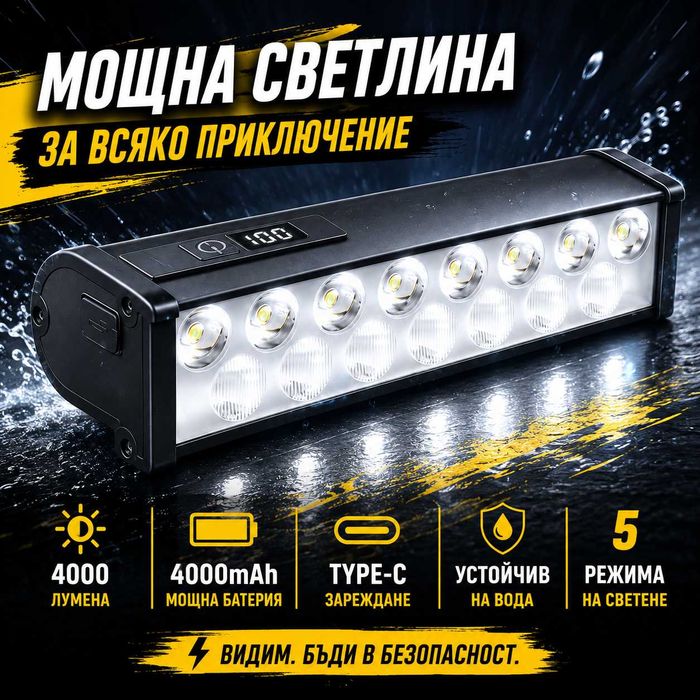 Ултра ярък 15 LED бар за велосипед, 4000 lm, USB-C, Бяла и жълта светлина