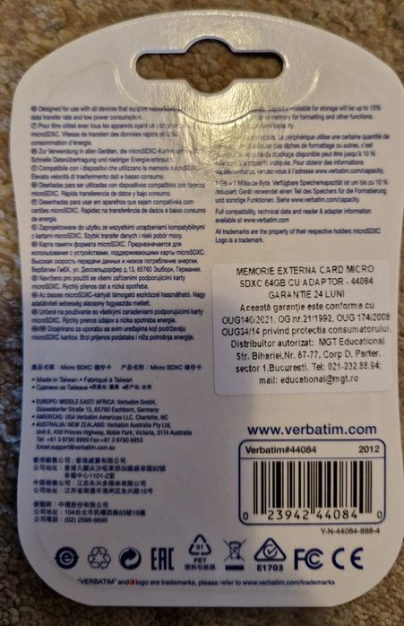 Card de memorie Verbatim MicroSDXC, 64GB, Class 10 + Adaptor

 3.89