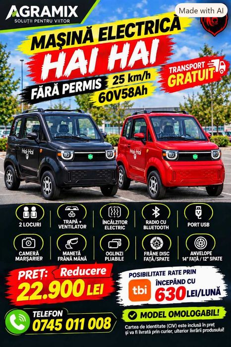 Triciclu electric cu CIV FARA PERMIS HAI HAI masina electrica Agramix