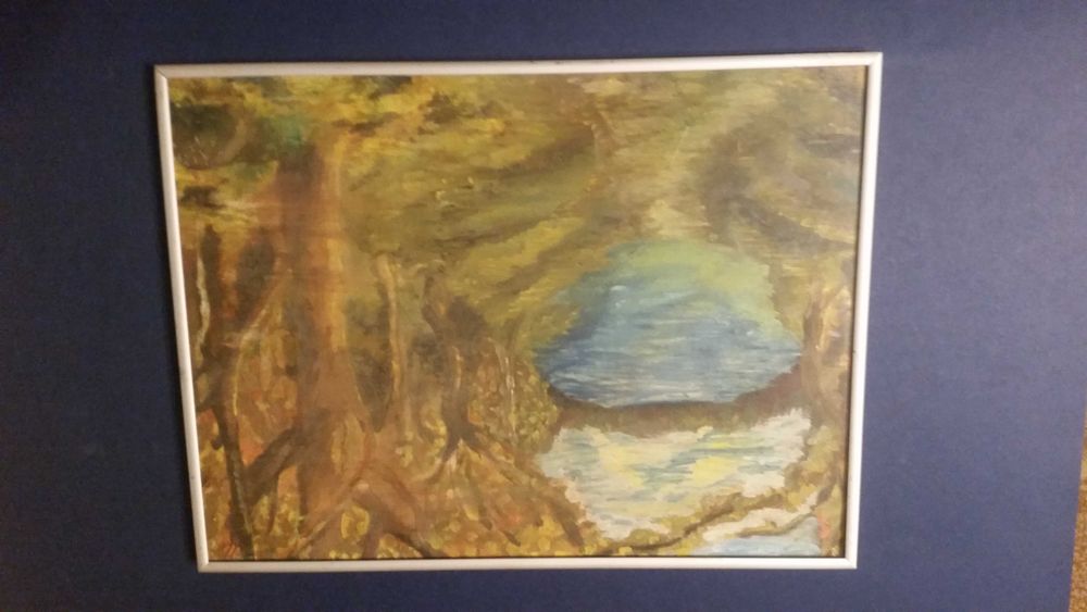 Пейзаж с езеро, рисуван на ръка.