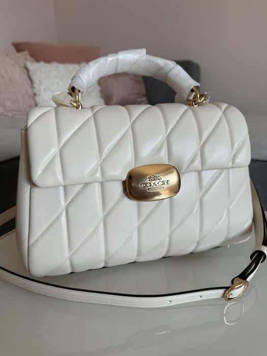 Нова! Coach - оригинална дамска чанта, естествена кожа, кремова