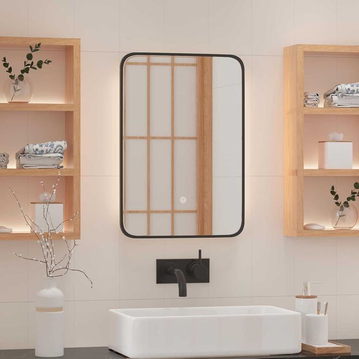 Вграден шкаф за баня, LED ЛЕД с огледало, черен, 3-цветни осветени