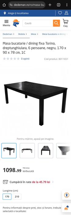 Masa bucatarie / dining Torino 6 persoane, negru, 170 x 90 x 78 cm
