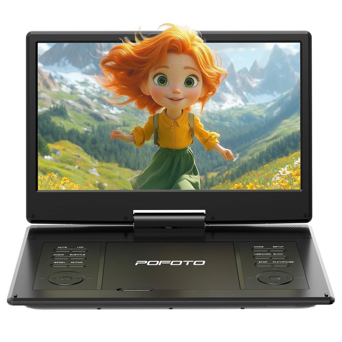 POFOTO 15.7" преносим DVD плейър/14.1" HD въртящ се екран/4000mAh батерия/2 колони/USB/SD/TV/множество видео формати(не поддържа Blu-Ray) черен