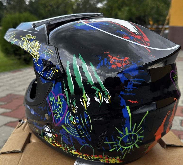 Set Cască Moto Cross/ATV M + Ochelari + Mănuși + Cagulă, Nou, Negru-Albastru Lucios