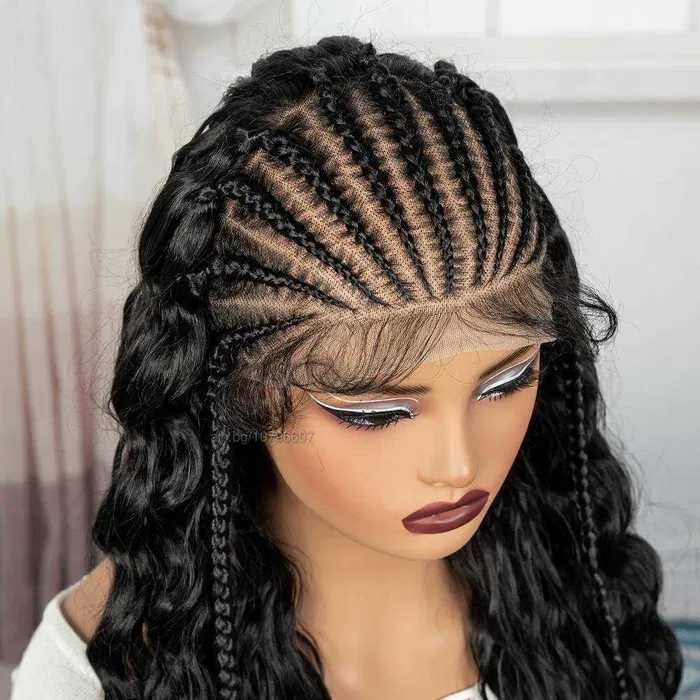 Екзотична черна синтетична перука с пълзящи плитки - Lace Front 13x6
