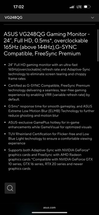 Геймърски монитор ASUS VG248QG - 24”, Full HD, 0.5ms*