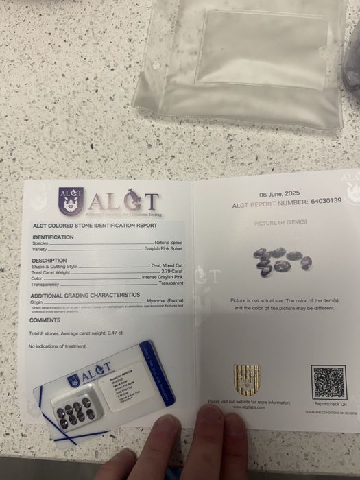 Set 8 spinel natural roz-gri 3,79 ct – certificat ALGT, netratate