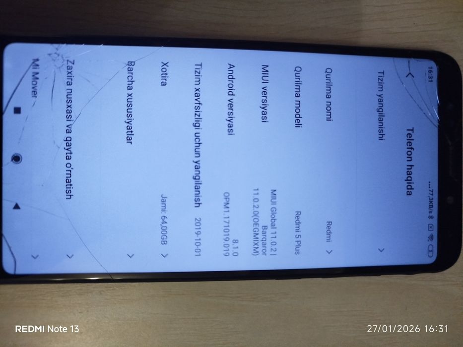 Nomi redmi 5 plus ekran singan holati yaxshi