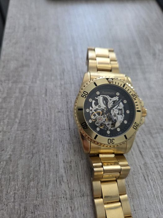 Automatic Mechanical Skeleton Dial Analog Watch Gold Tone Metal Bracel