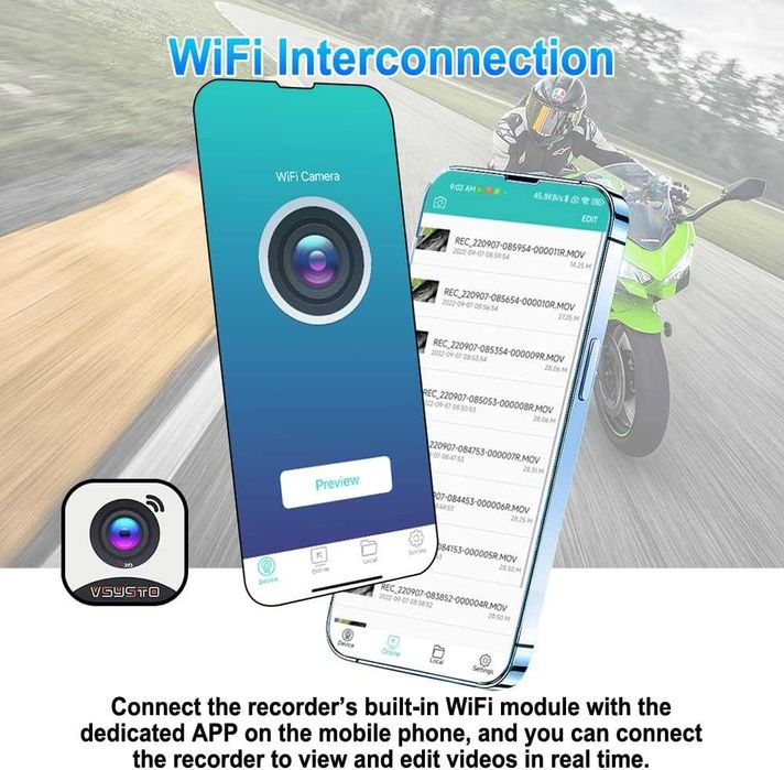 VSYSTO WiFi мотоциклетна камера за видеорегистратор