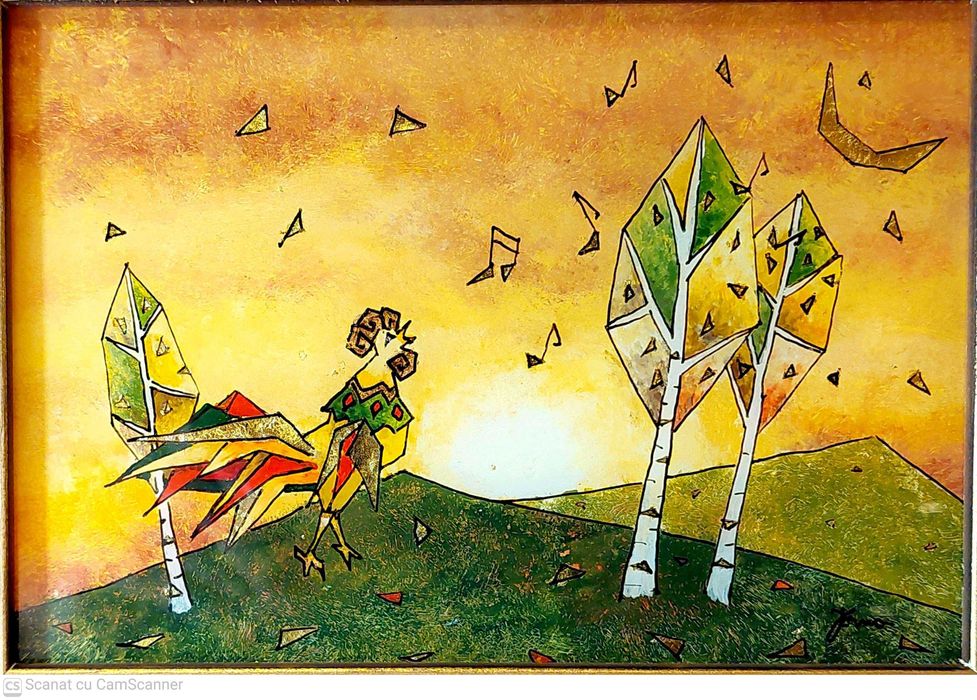 Tablou,pictură, miniatură pe sticlă, idee cadou,cocoș