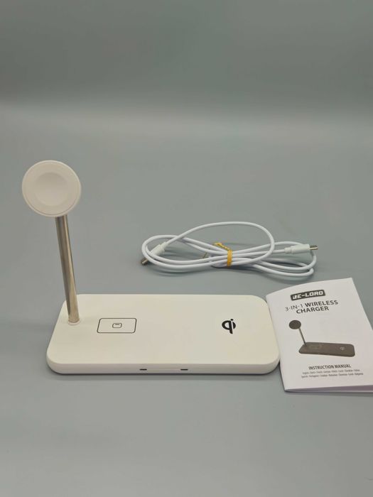 3-в-1 безжично зарядно Qi 15W – стойка за телефон,часовник + слушалки