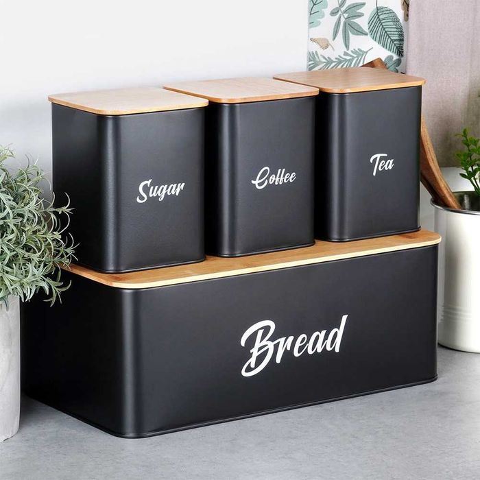 Комплект Кутия за Хляб и 3 буркани за съхранение на Кафе, Чай и Захар