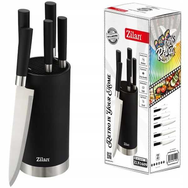 Комплект от 5 кухненски ножа от неръждаема стомана с поставка, Zilan