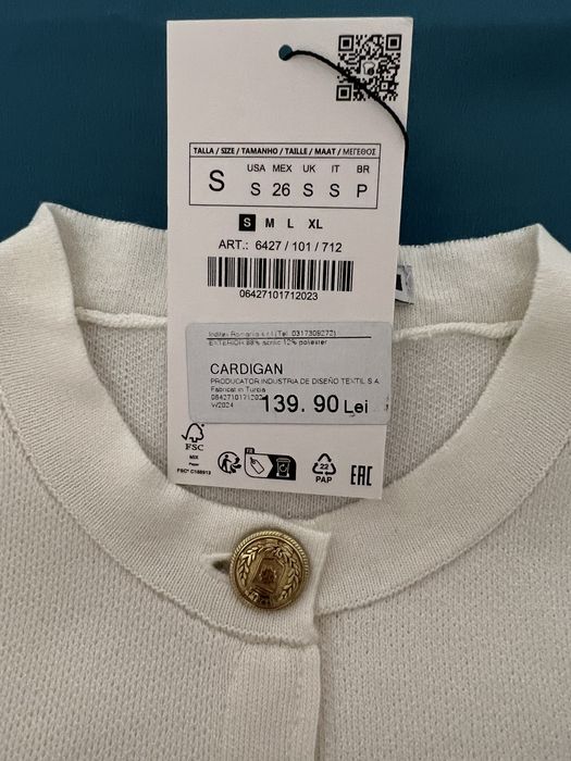 Cardigan nou cu eticheta , Zara , alb , S