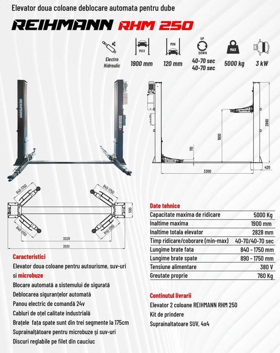 Elevator auto 2 coloane 5 tone RHM250 deblocare automată