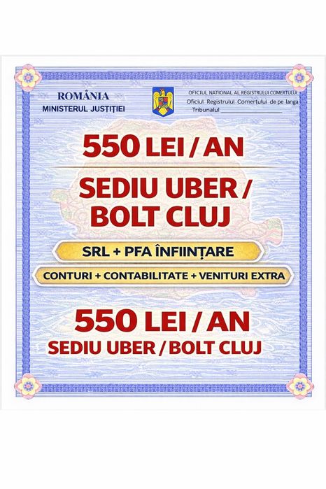 Înființare firmă Uber/Bolt + sediu social Cluj  550 lei / an – sediu social