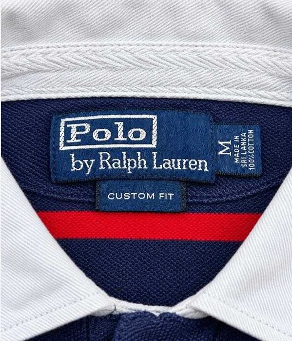 Polo Ralph Lauren tricou polo bărbați Custom Fit bleumarin cu dungi roșii, guler alb, mărimea M