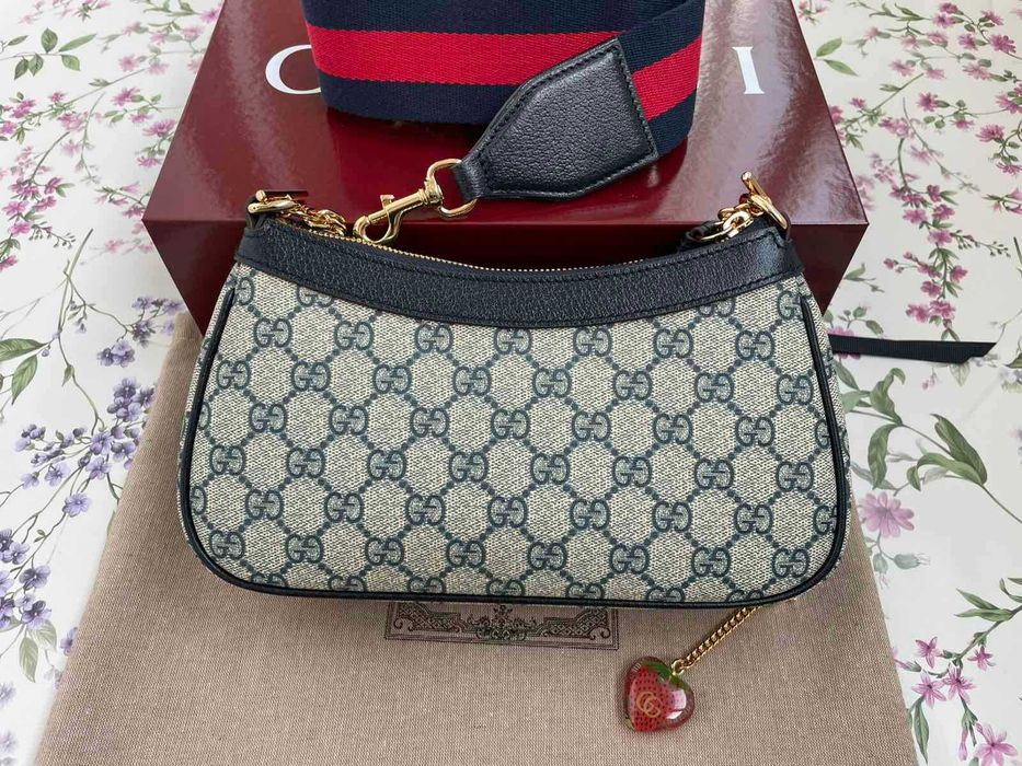 Оригинална Чанта Gucci Ophidia Синя Кожа Бежов Canvas Гучи Златно Gold GG Лого и Синджир