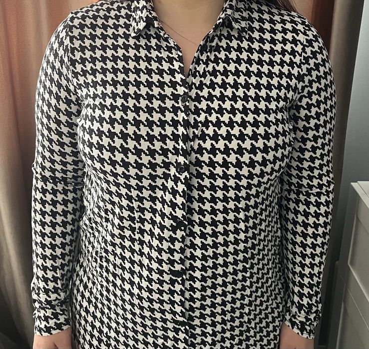Camasa eleganta alb negru, model houndstooth